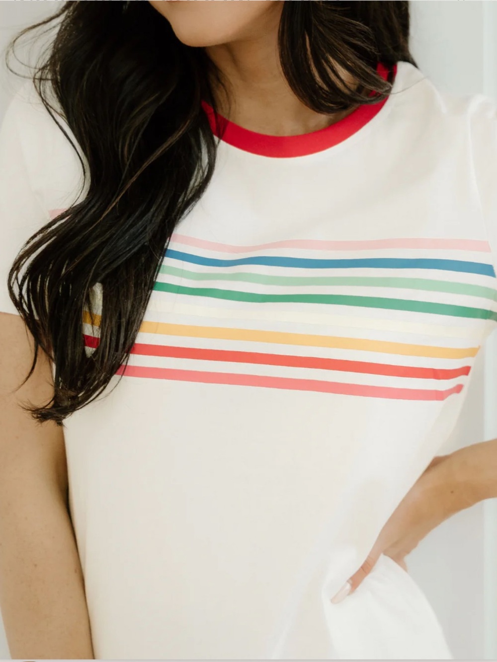 Old Navy White Tee with Rainbow Stripes and Red Ringer